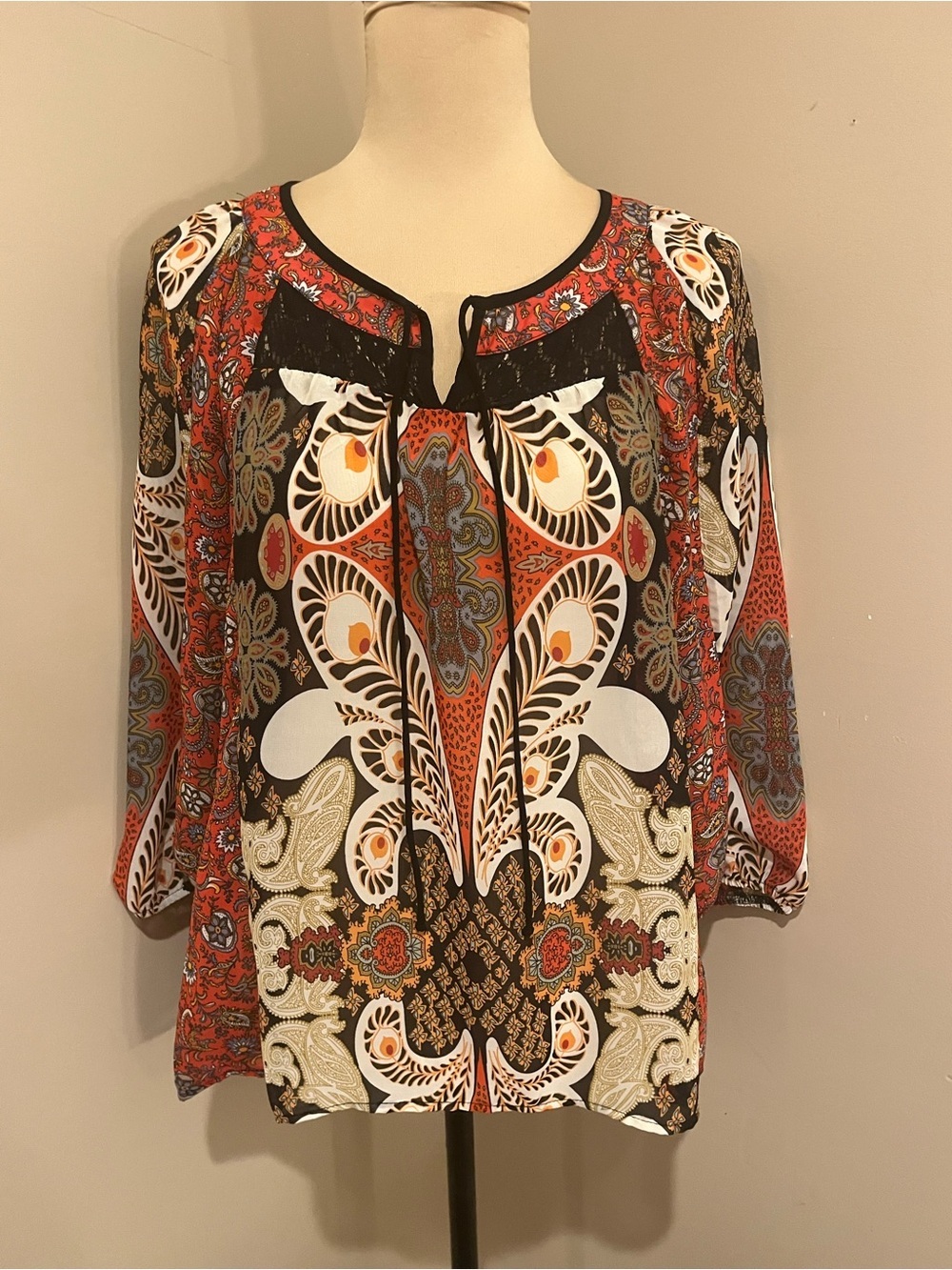 Anthro Fig & Flower Bohemian Paisley Peasant Top - Red Multi, size small